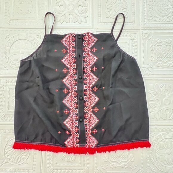 ASOS Fringed Western Tank Top Womens Black Red Embroidered Rockabilly Size 0 - Picture 6 of 11